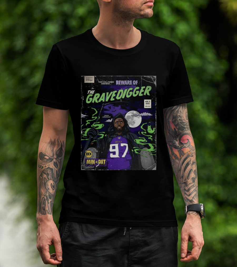 Minnesota Vikings Vs Detroit Lions 2025 Beware Of The Gravedigger Javon Hargrave Comic T-Shirt
