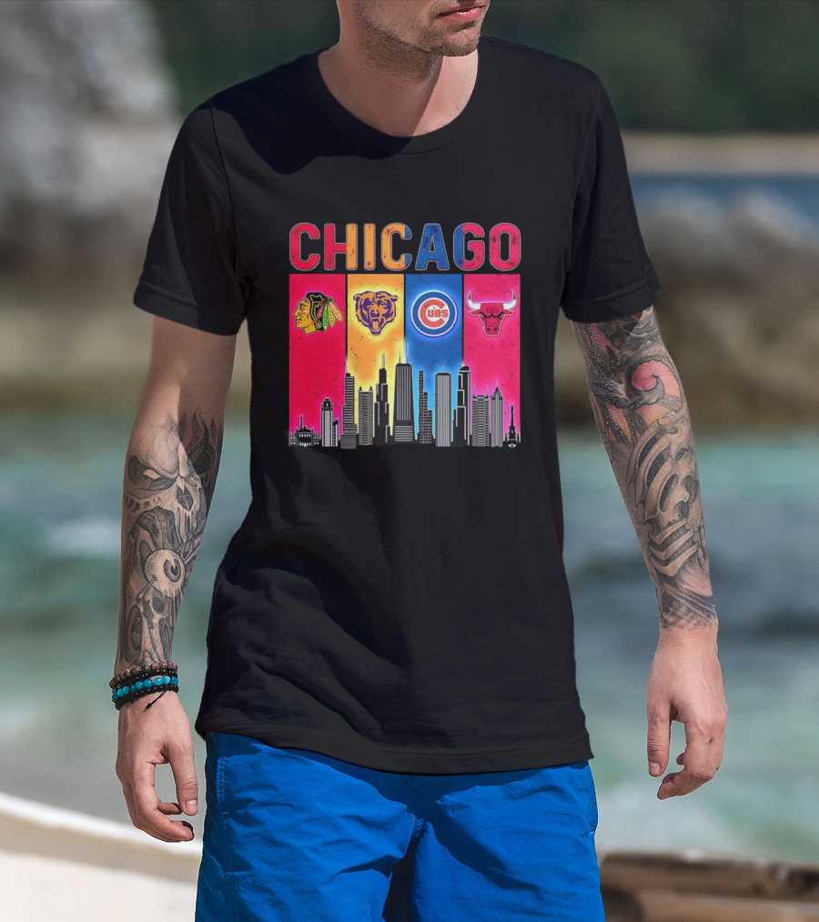 Chicago Blackhawks Bears Cubs Bulls Skyline T-Shirt