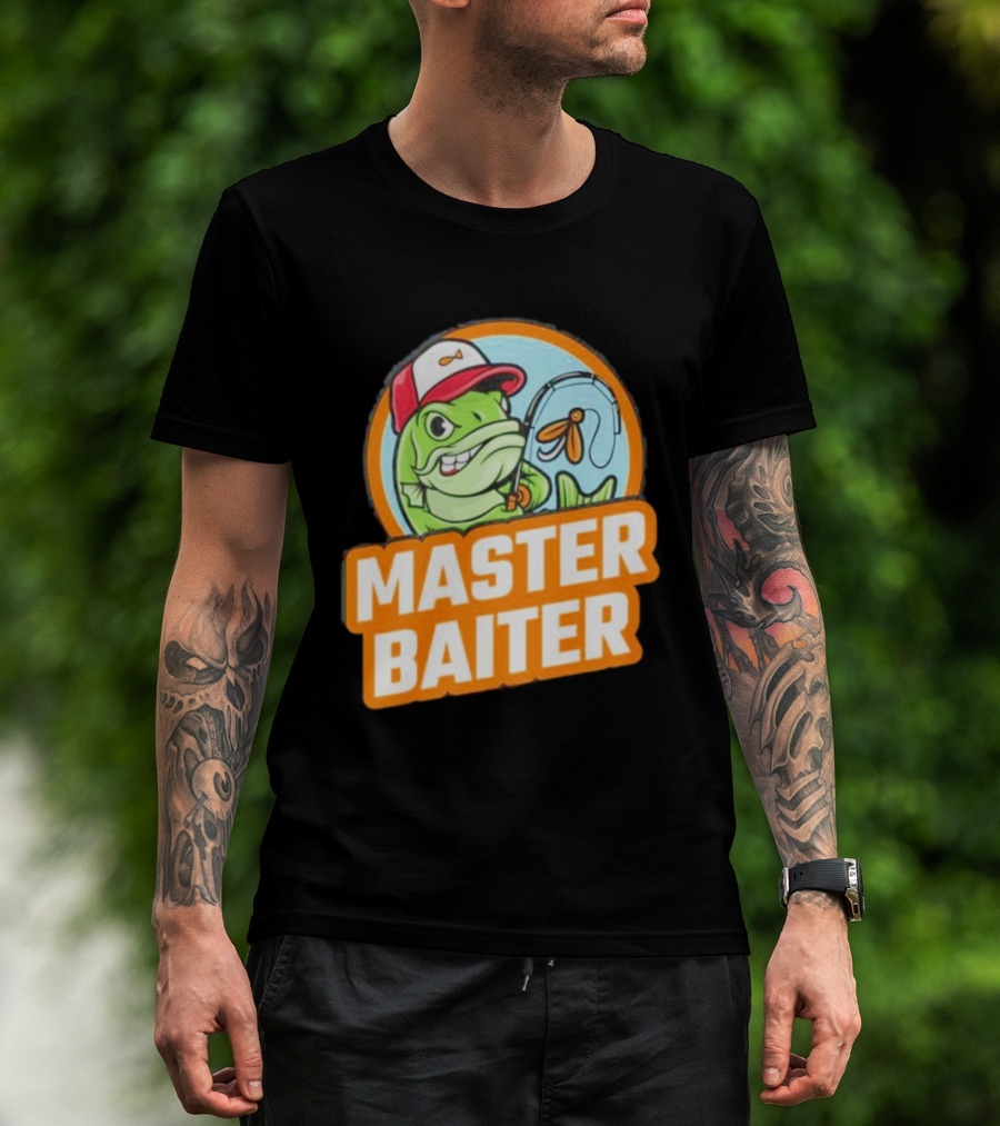 Master Baiter Fishing Cartoon Fish With Red Cap And Fishing Rod T-Shirt