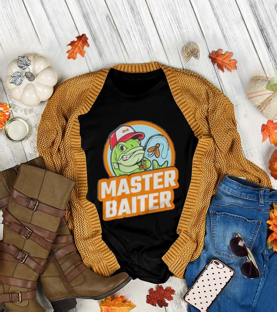 Master Baiter Fishing Cartoon Fish with Red Cap and Fishing Rod T-Shirt