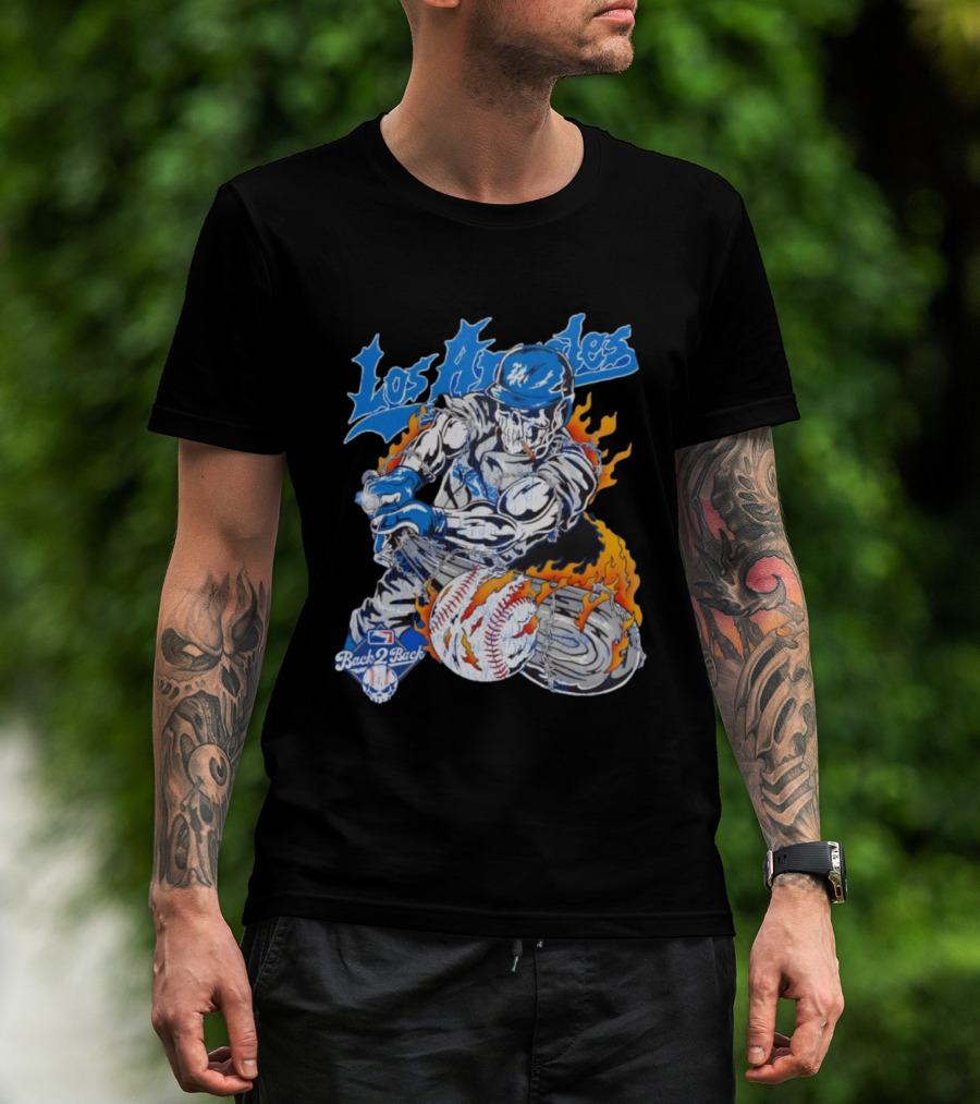 Warren Lotas Back 2 Back Los Angeles Dodgers MLB Skull Baseball Flame Design T-Shirt
