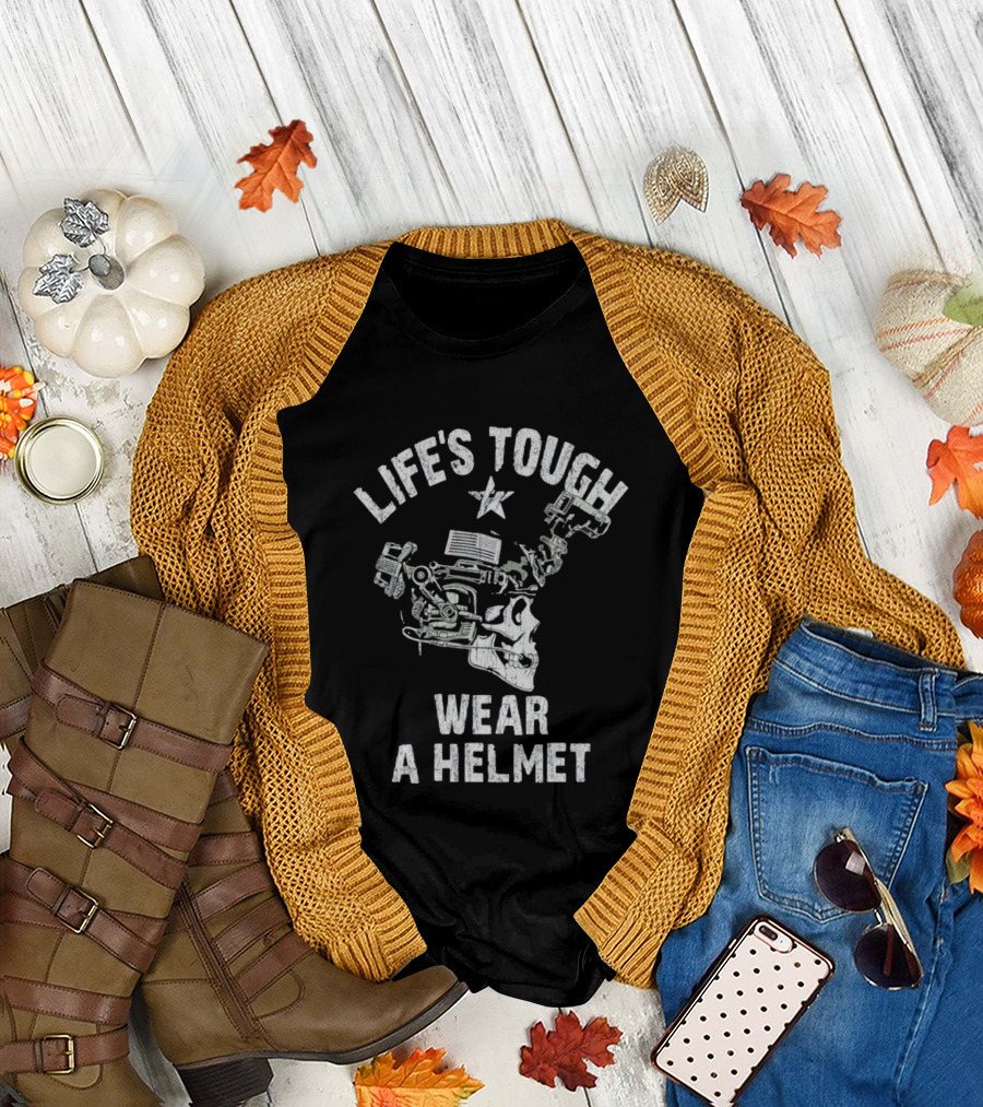 Life's Tough Wear A Helmet Skull Graphic with Mechanical Elements T-Shirt