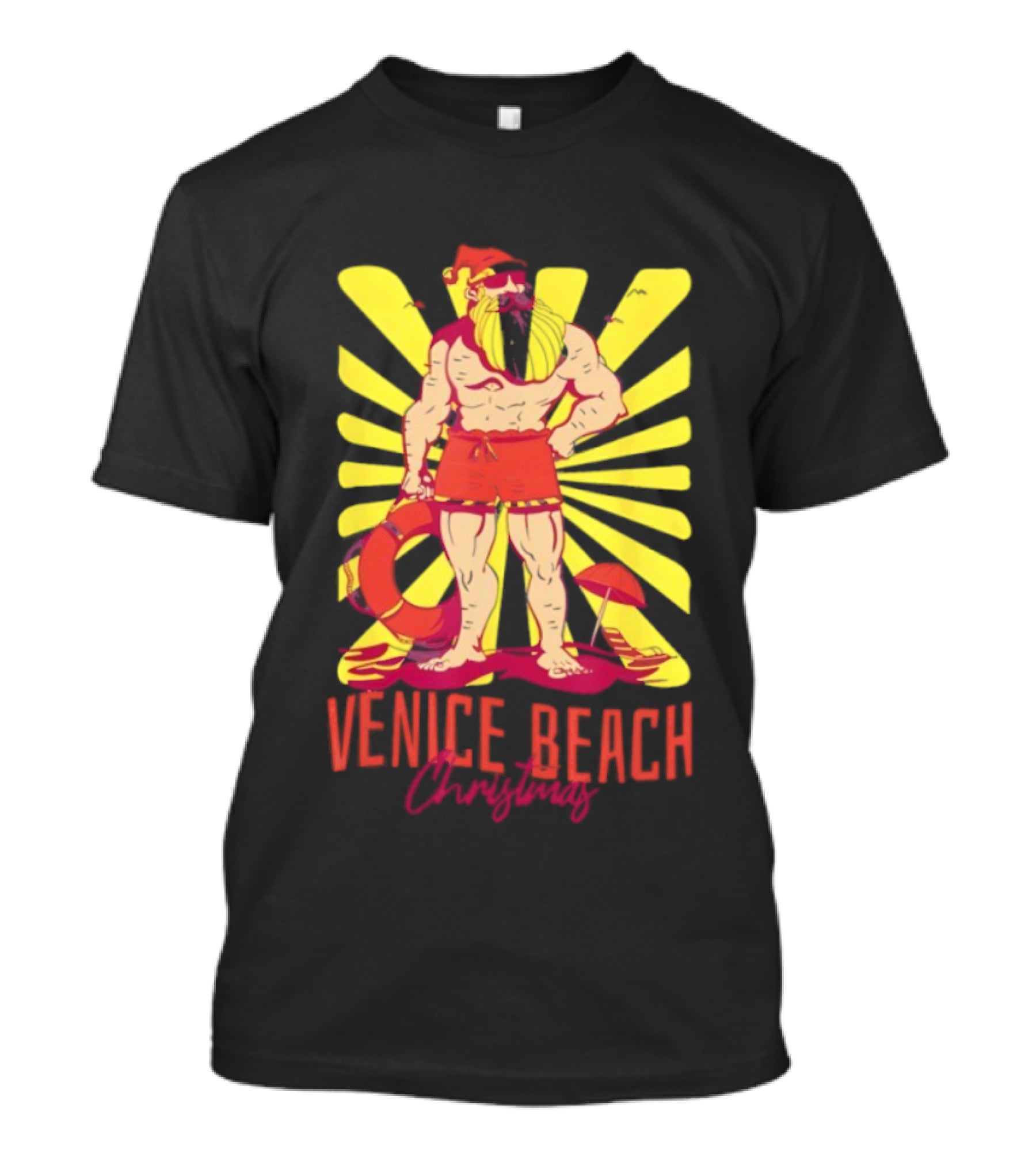 Venice Beach Christmas Lifeguard Santa Sunburst T-Shirt