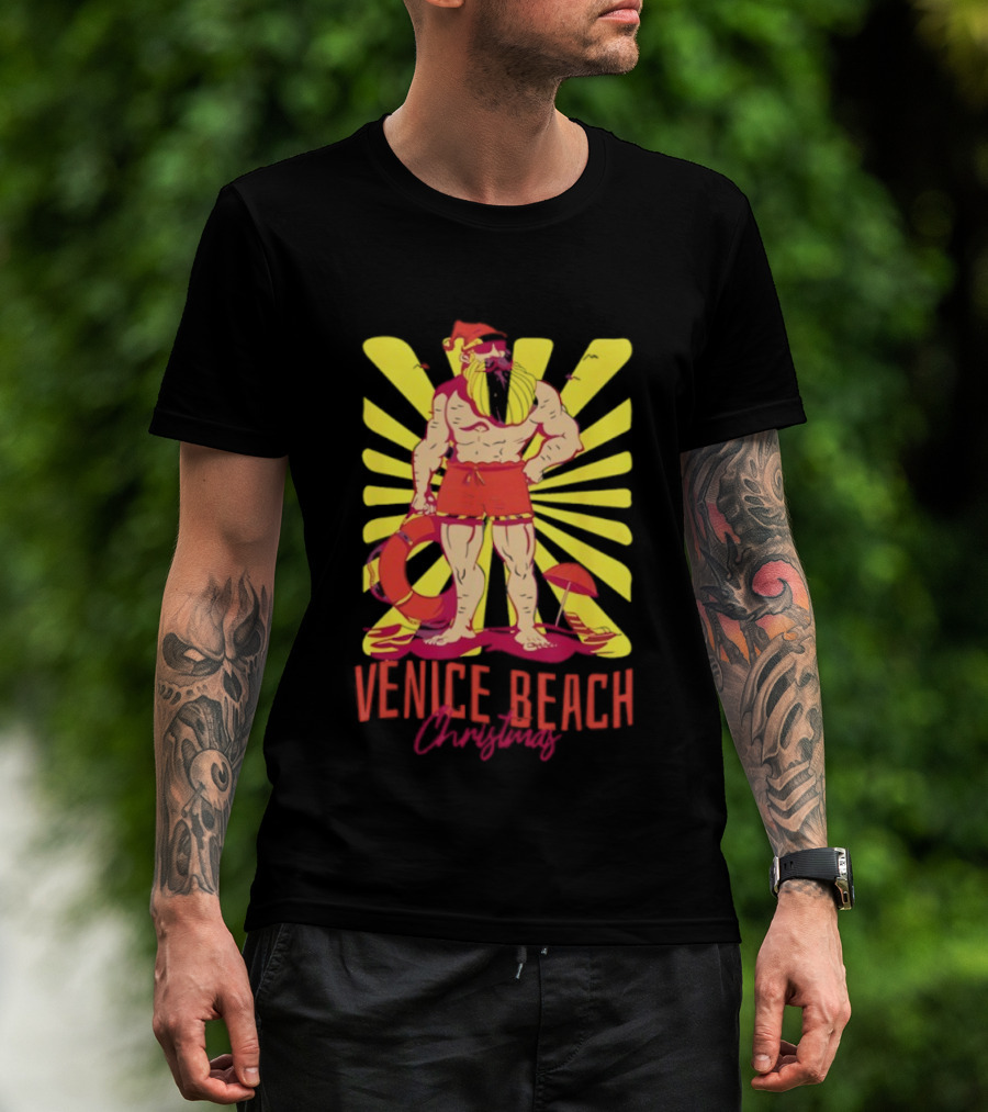 Venice Beach Christmas Lifeguard Santa Sunburst T-Shirt