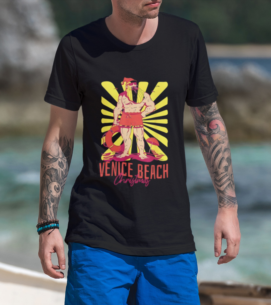 Venice Beach Christmas Lifeguard Santa Sunburst T-Shirt