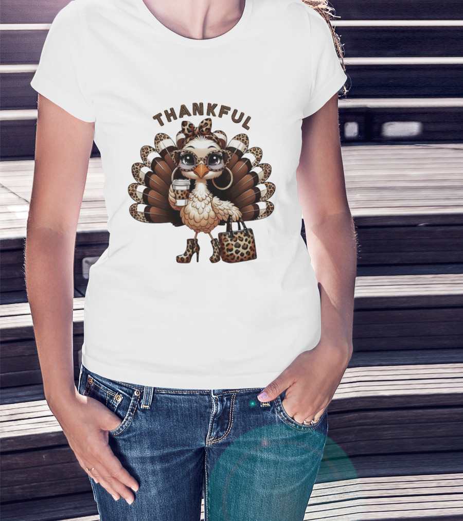 Thankful Leopard Print Turkey Coffee Lover Fashionista T-Shirt