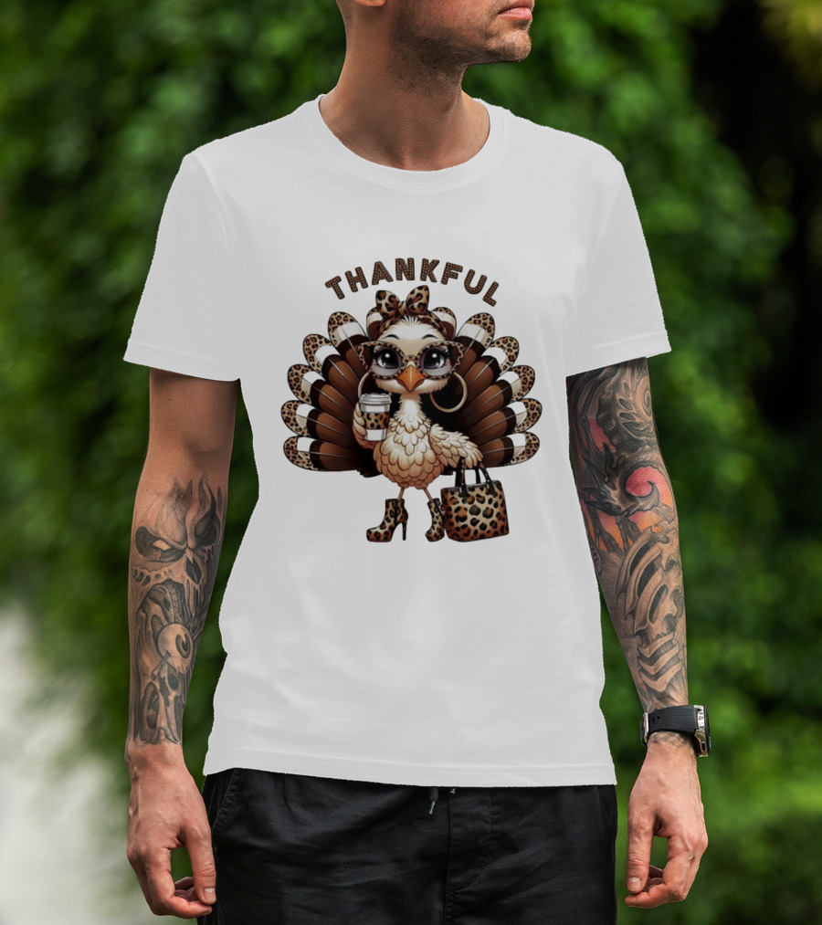 Thankful Leopard Print Turkey Coffee Lover Fashionista T-Shirt