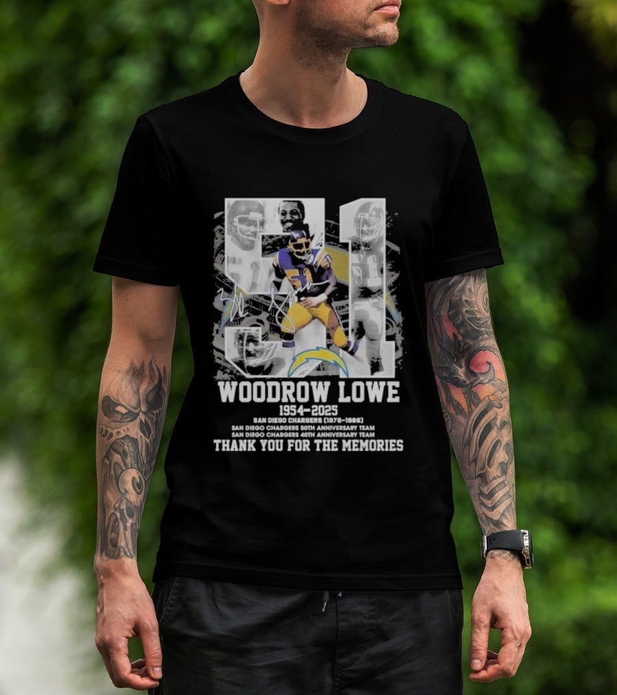 Woodrow Lowe 1954-2023 San Diego Chargers Anniversary Team Thank You For The Memories T-Shirt
