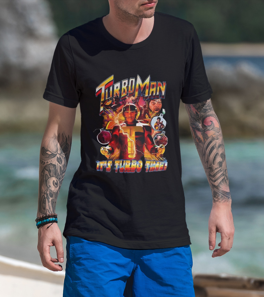 Turbo Man It's Turbo Time Christmas Bauble Lightning Hero Scene T-Shirt