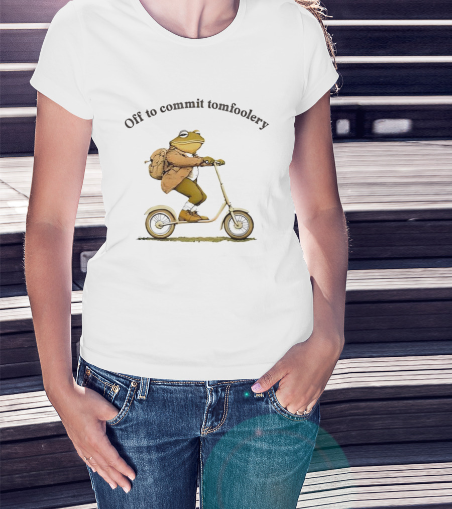 Off To Commit Tomfoolery Frog Riding Scooter With Backpack T-Shirt