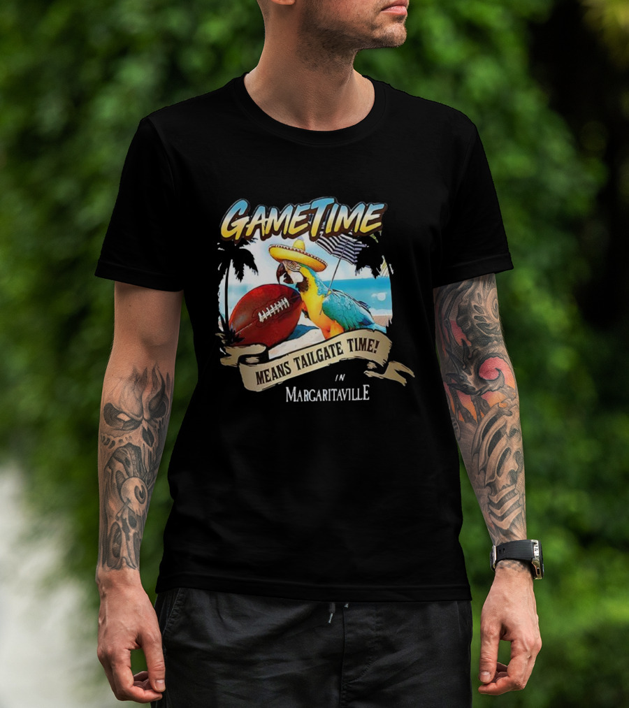 Game Time Means Tailgate Time In Margaritaville Football Parrot Beach Scene T-Shirt