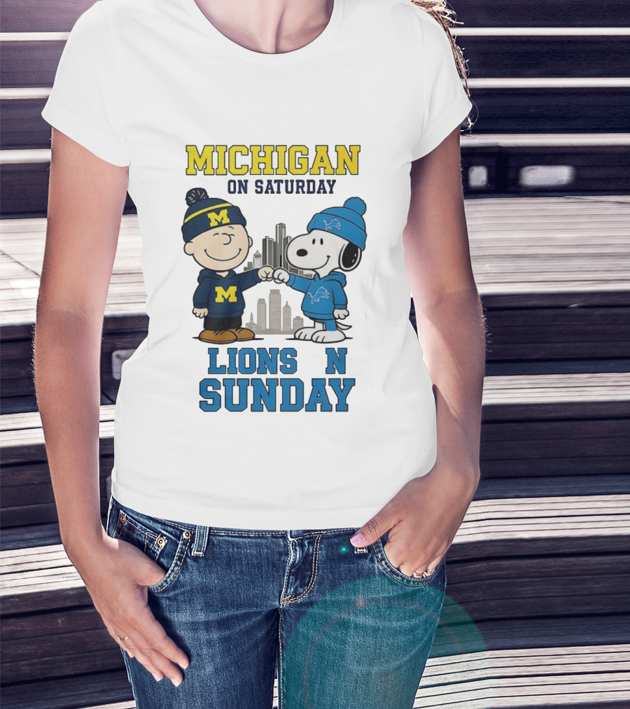 Michigan Wolverines On Saturday Charlie Brown And Snoopy Lions On Sunday T-Shirt