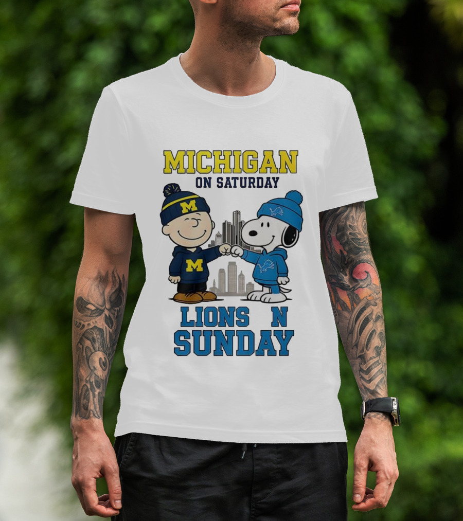 Michigan Wolverines On Saturday Charlie Brown And Snoopy Lions On Sunday T-Shirt