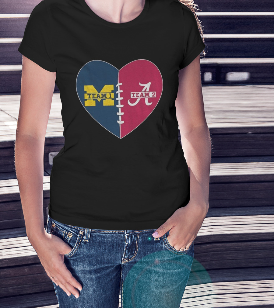 Heart Divided Michigan Wolverines Team 1 Vs Alabama Crimson Tide Team 2 T-Shirt