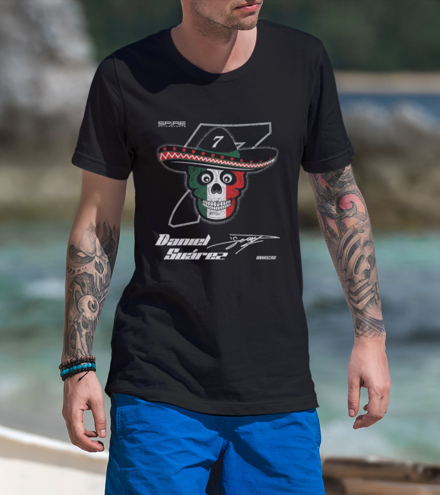 Daniel Suarez 7 Signature Skull Sombrero Spire Motorsports NASCAR T-Shirt