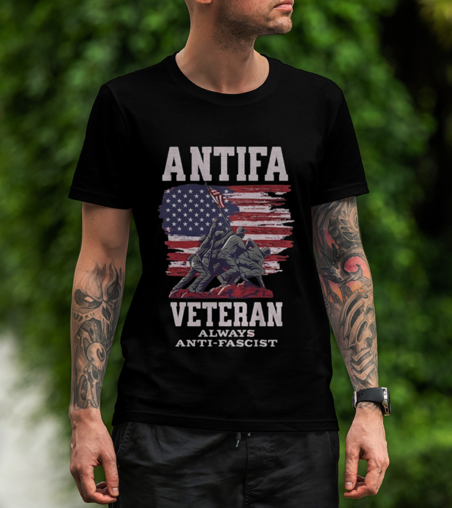 Antifa Veteran Always Anti-Fascist American Flag Iwo Jima Scene T-Shirt