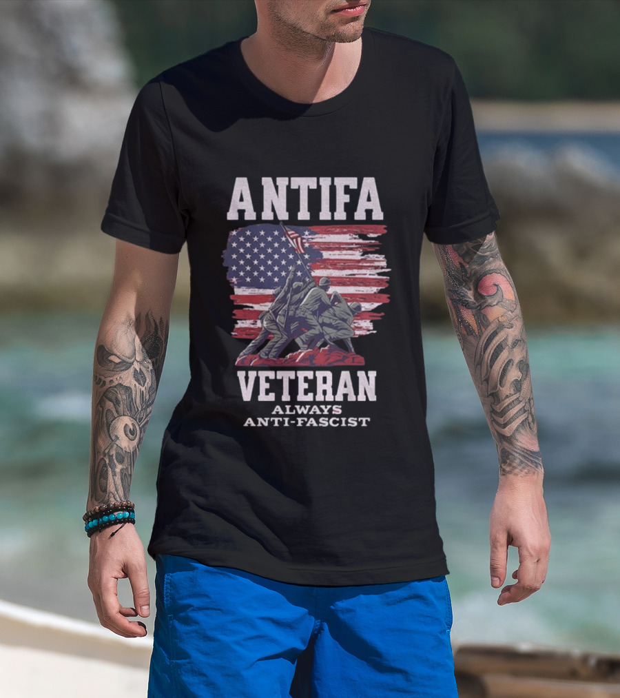 Antifa Veteran Always Anti-Fascist American Flag Iwo Jima Scene T-Shirt