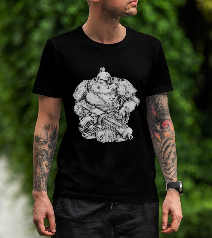 Armored Infantry Mechanical Warrior Skull Cannon Chains T-Shirt