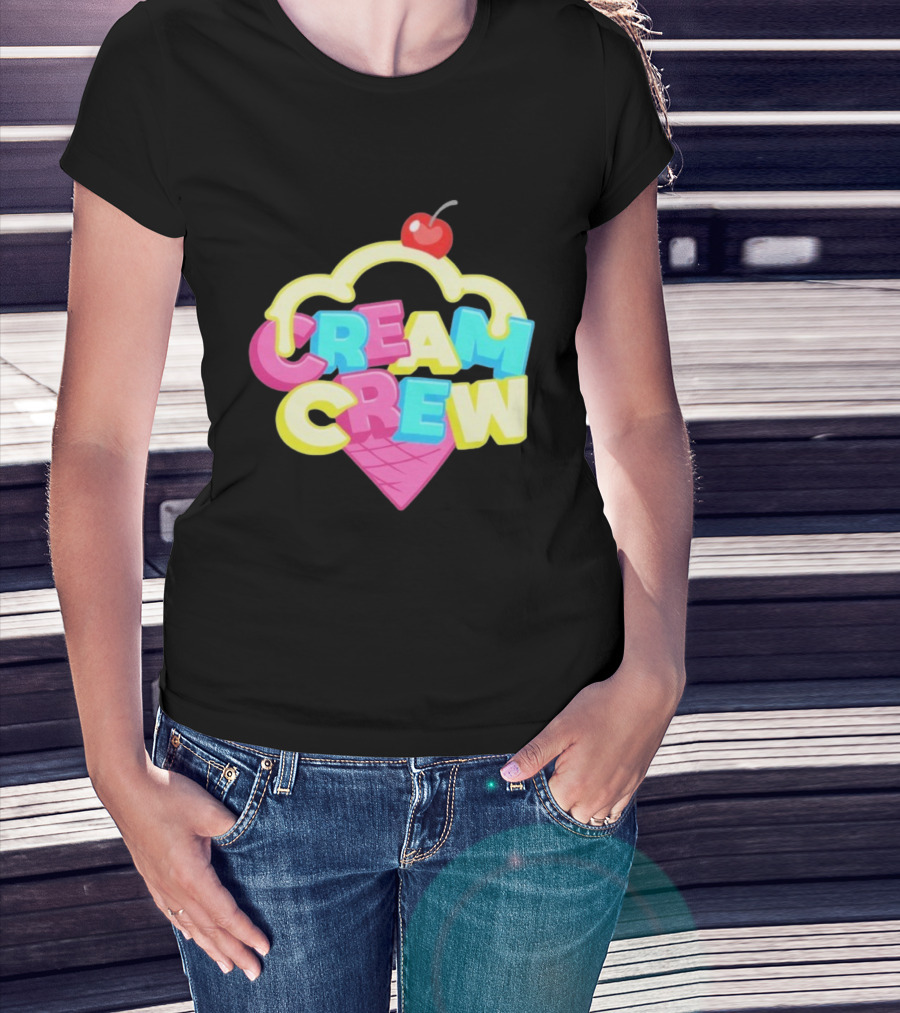 CREAM CREW Ice Cream Cone Cherry Top Colorful Text T-Shirt