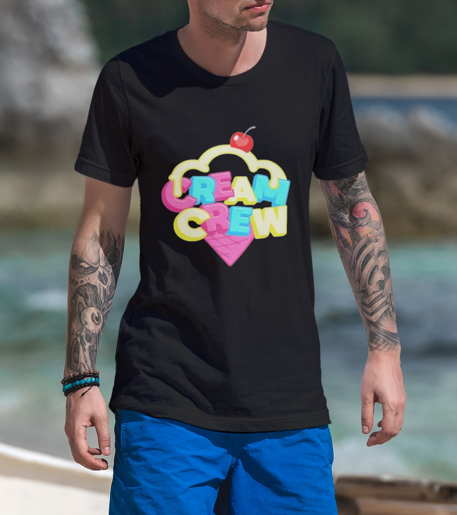 CREAM CREW Ice Cream Cone Cherry Top Colorful Text T-Shirt