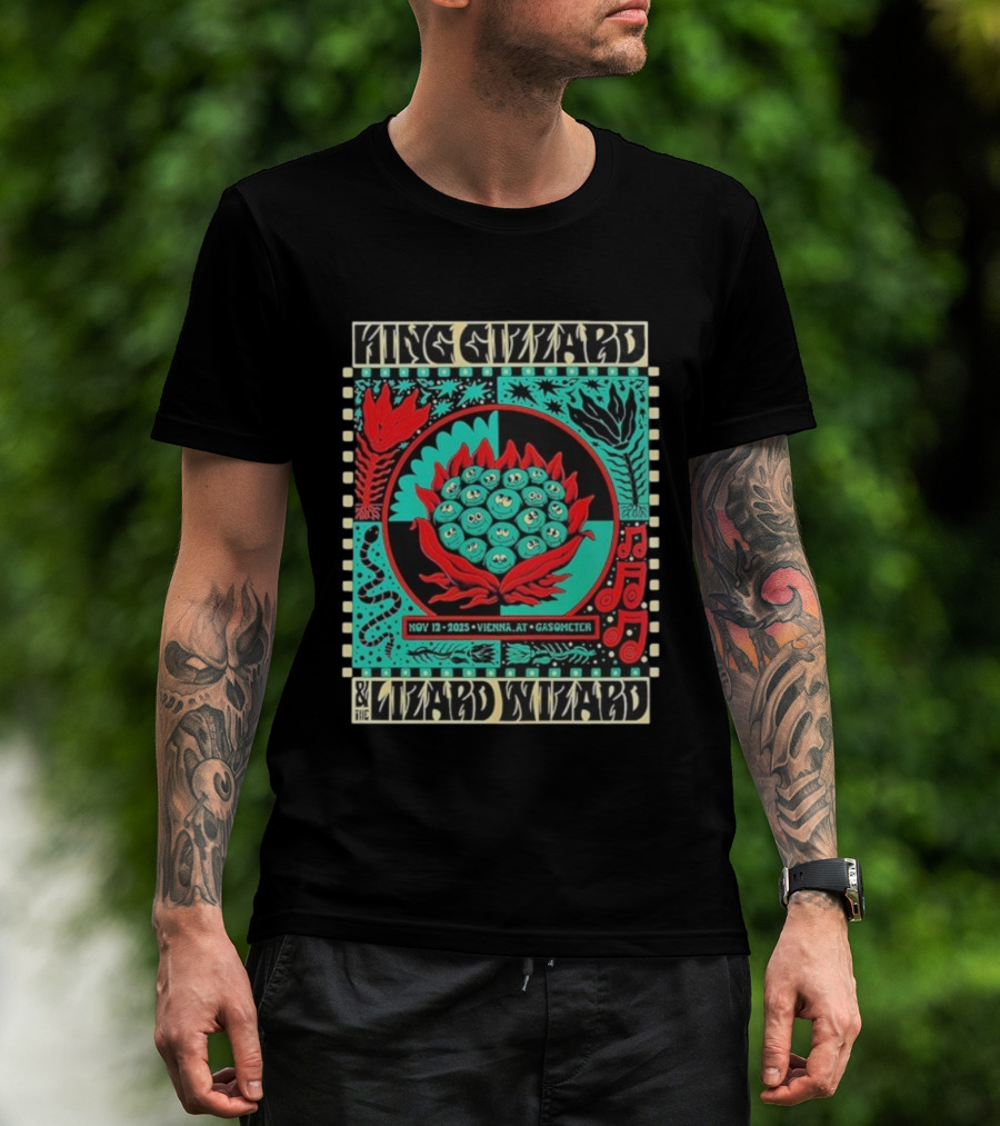 King Gizzard And The Lizard Wizard Vienna Austria November 12 2025 Event At Gasometer Music Notes And Floral Illustration T-Shirt