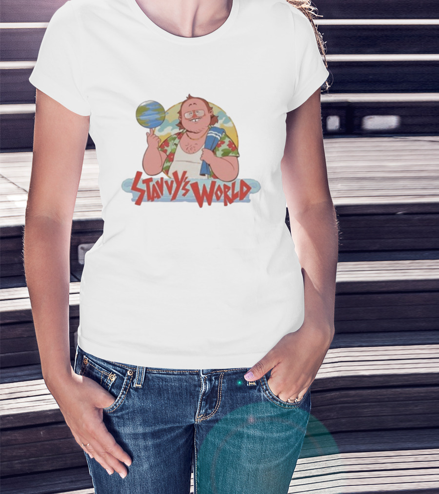 Stavvy's World Cartoon Style Adventure Stavros Halkias Comedic Character With Globe T-Shirt