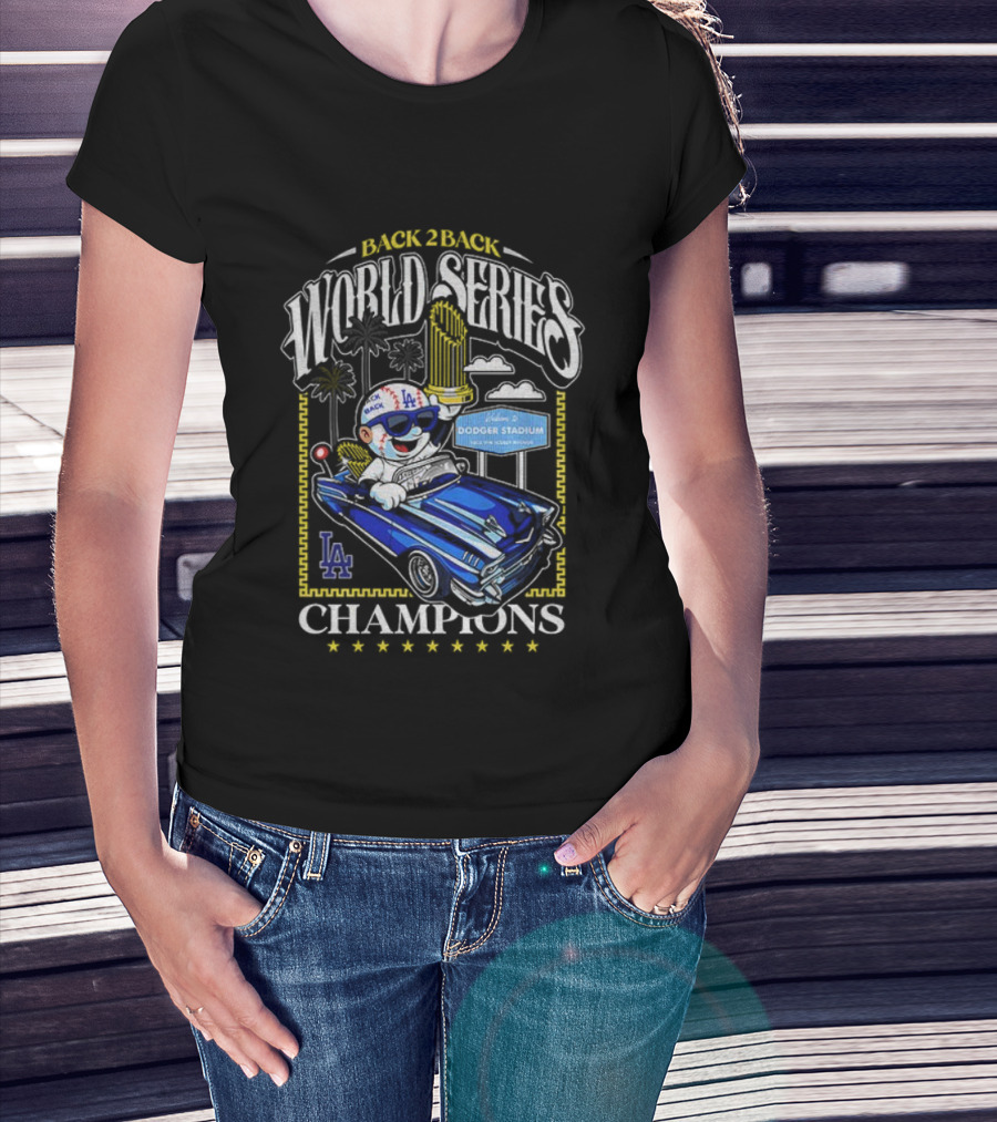 Back 2 Back World Series Champions Los Angeles Dodgers Dodger Stadium Vintage Car Celebration T-Shirt