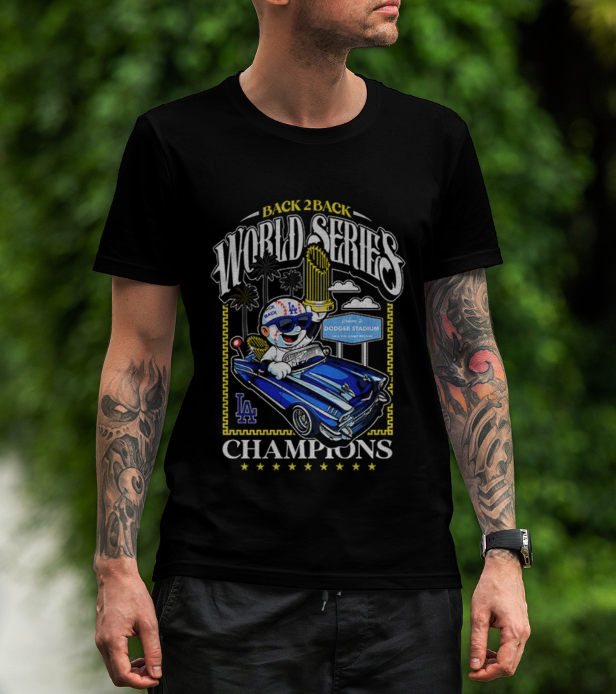Back 2 Back World Series Champions Los Angeles Dodgers Dodger Stadium Vintage Car Celebration T-Shirt