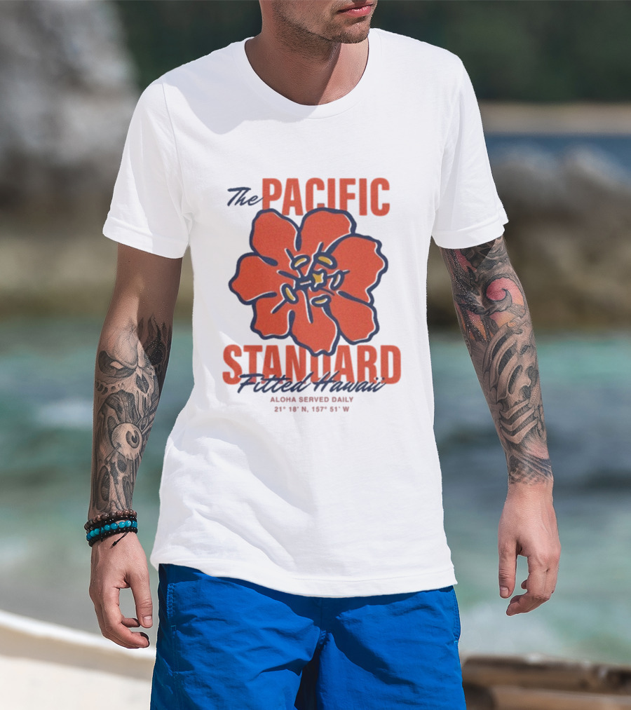 The Pacific Standard Fitted Hawaii Aloha Served Daily 21°18'N 157°51'W T-Shirt