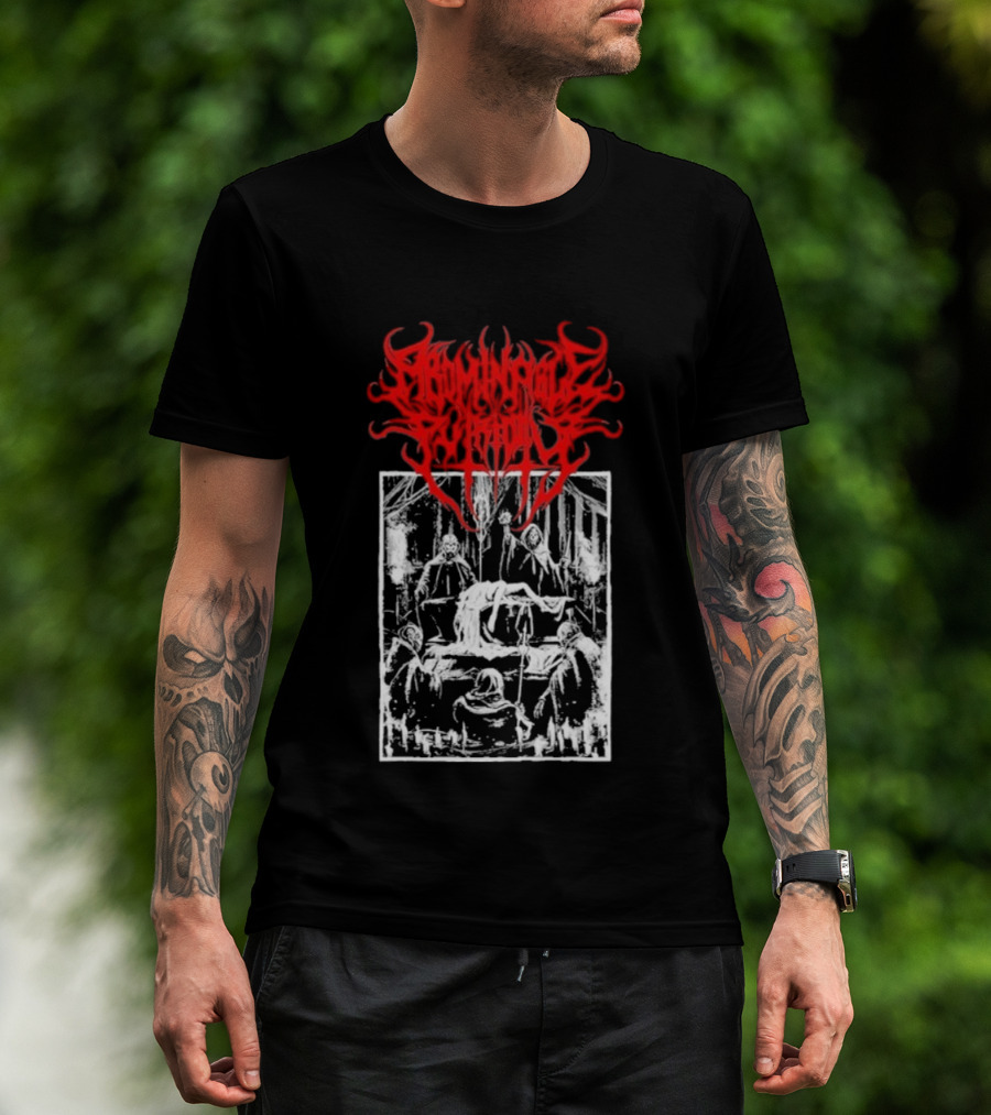 Abominable Putridity Digital Unholy Extreme Metal Art Red Logo Skeleton Design T-Shirt