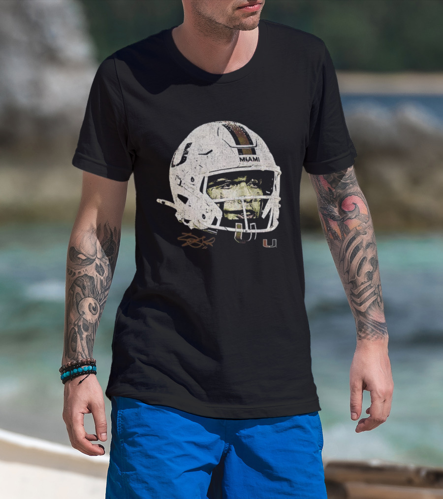 Carson Beck Miami Hurricanes Helmet Face NFL Football Signature U Logo T-Shirt
