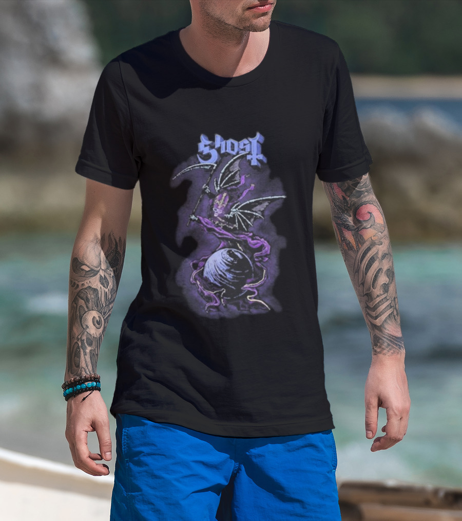 Ghost Papa V Perpetua Grim Reaper Purple Bat Wings Earth Scythe T-Shirt