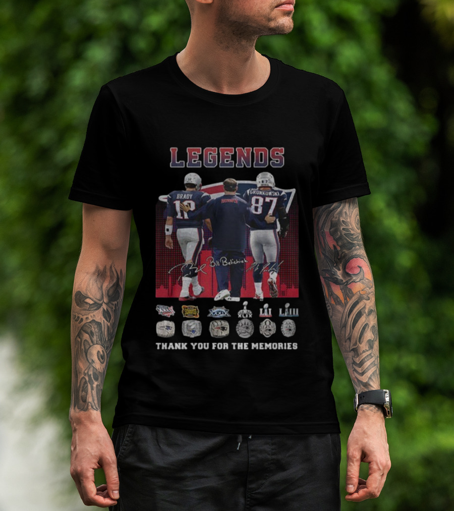 LEGENDS Brady Gronkowski Belichick New England Patriots Thank You For The Memories NFL Rings T-Shirt