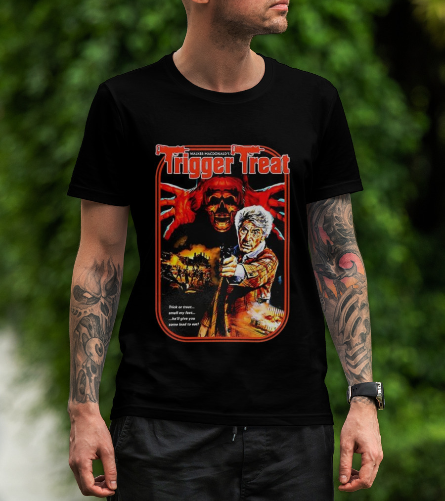 Walker Macdonald’s Trigger Treat Trick Or Treat Horror Skull And Shooter Scene T-Shirt