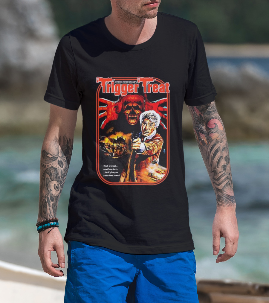 Walker Macdonald’s Trigger Treat Trick Or Treat Horror Skull And Shooter Scene T-Shirt