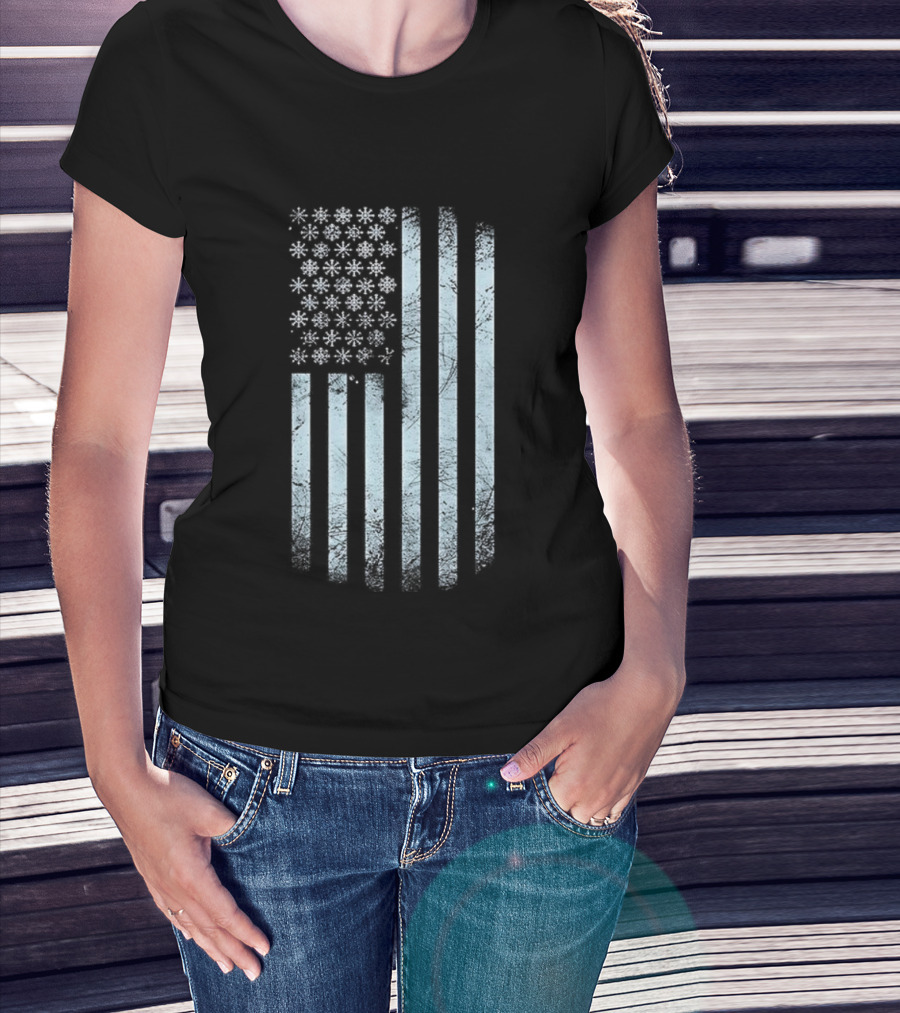 Winter Snowflakes American Flags Blue Stripe USA T-Shirt