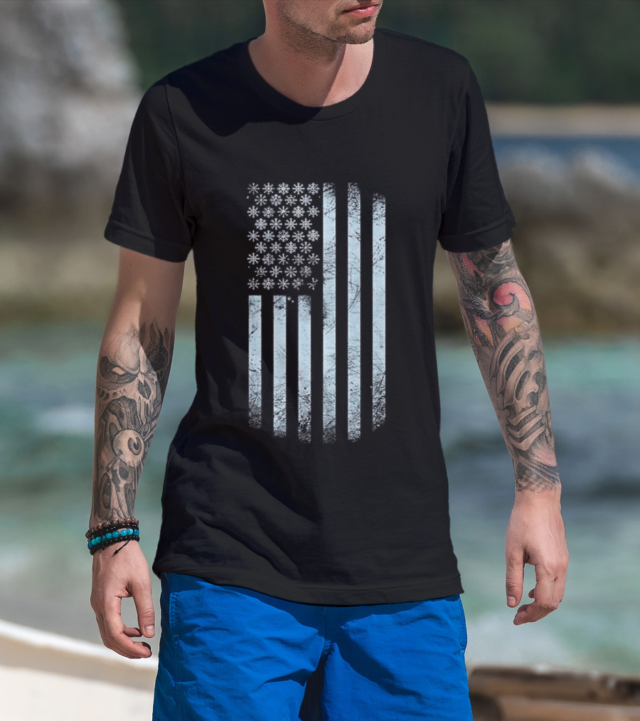 Winter Snowflakes American Flags Blue Stripe USA T-Shirt