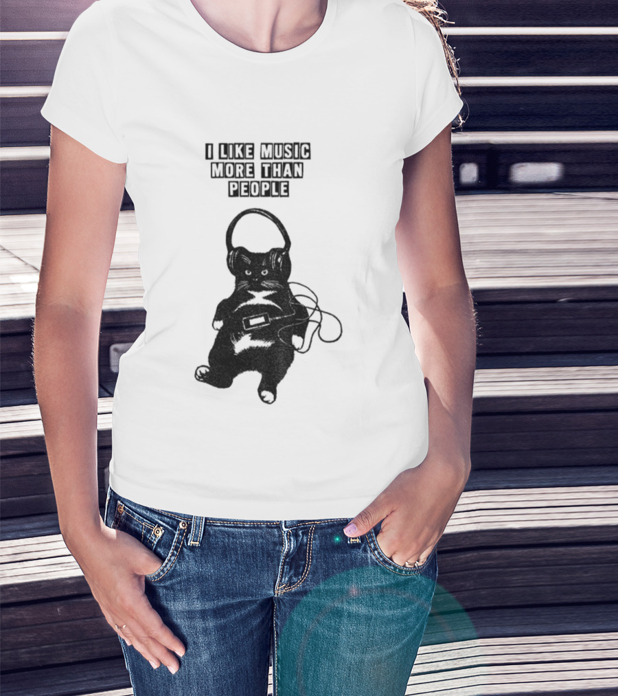 Black Cat With Headphones I Like Music More Than People T-Shirt