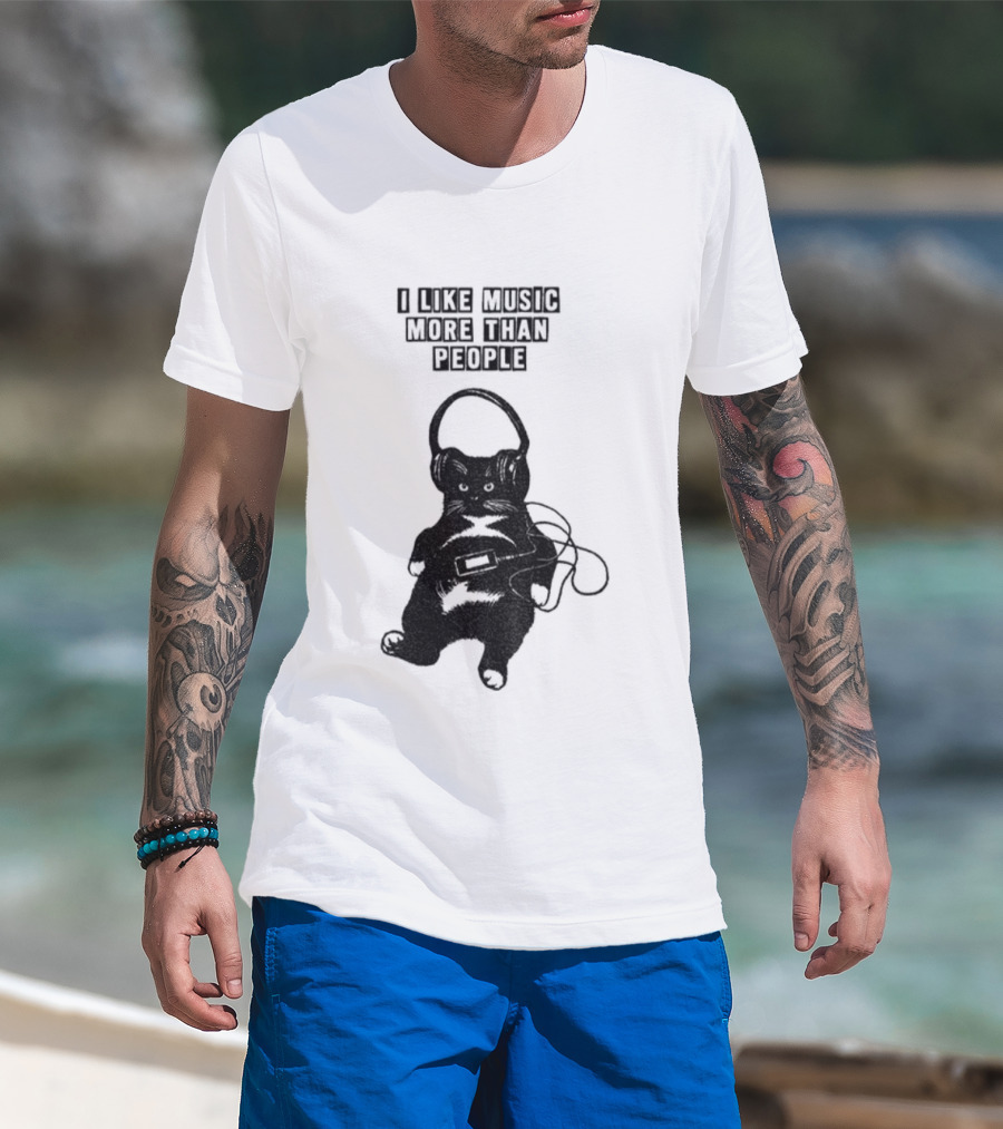 Black Cat With Headphones I Like Music More Than People T-Shirt