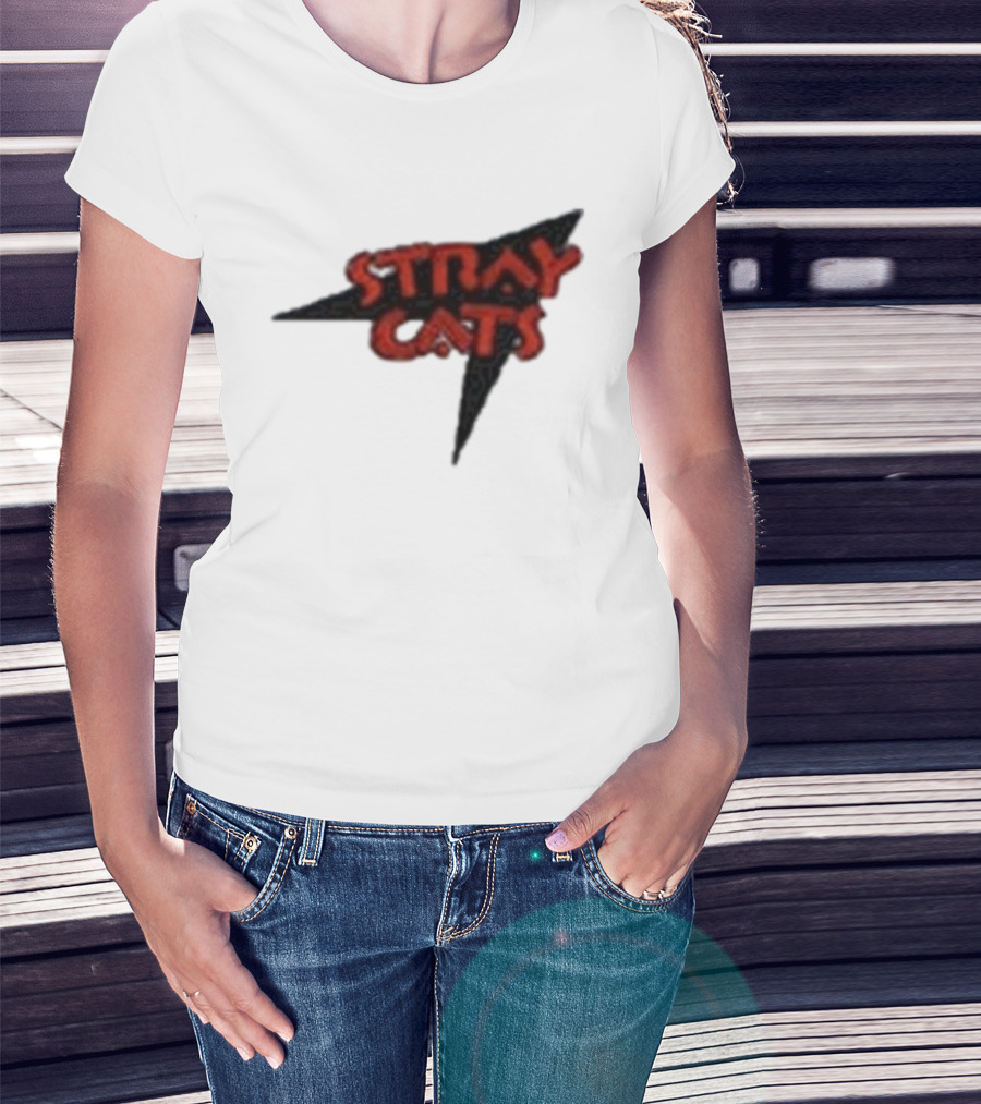 Stray Cats Rockabilly Band Red Text With Black Starburst Background T-Shirt