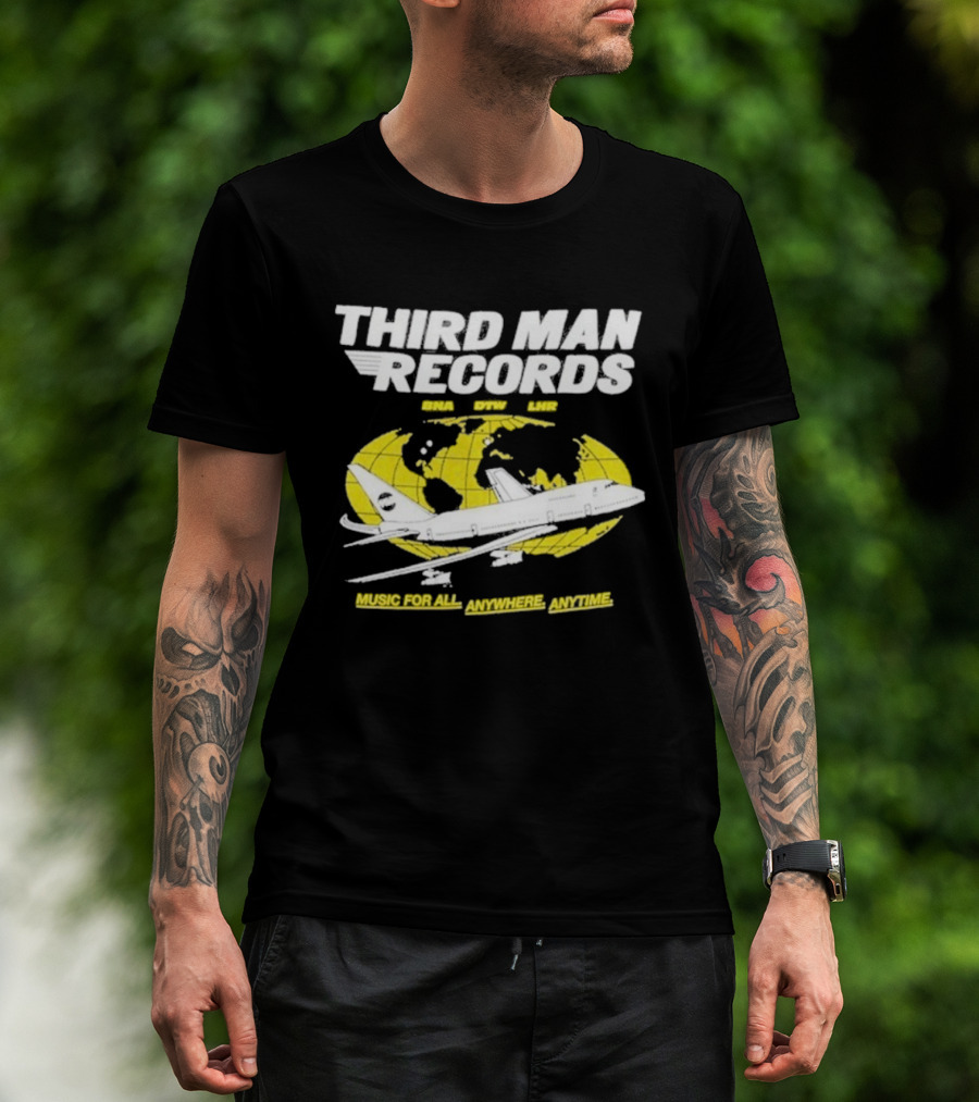 Third Man Records Music For All Anywhere Anytime Globe Plane T-Shirt