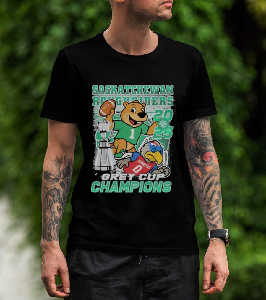 Saskatchewan Roughriders 2025 Grey Cup Champions Trophy Mascot Alouettes T-Shirt