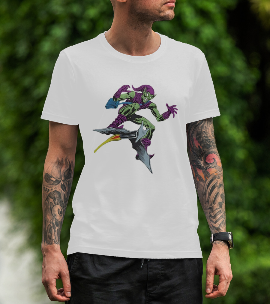 Green Goblin Marvel Character Flying Glider Comic Book Style Artwork T-Shirt