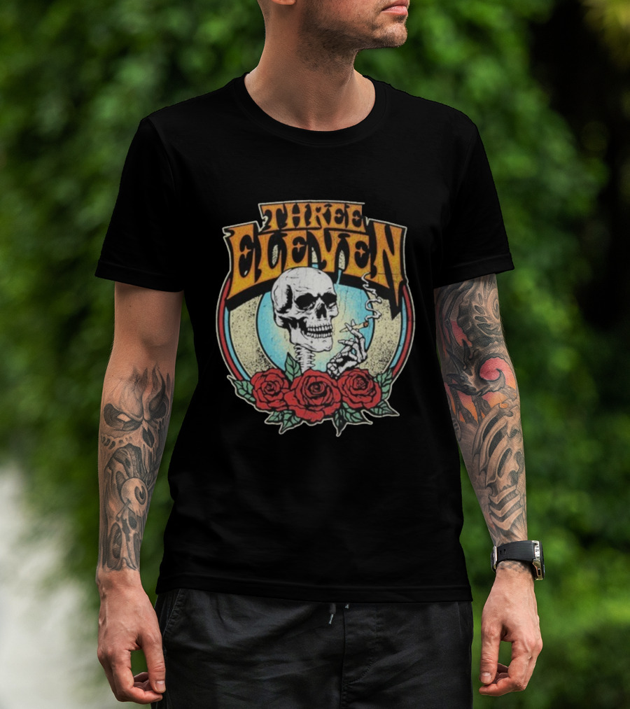 Three Eleven Smoking Skull With Roses Vintage Style T-Shirt