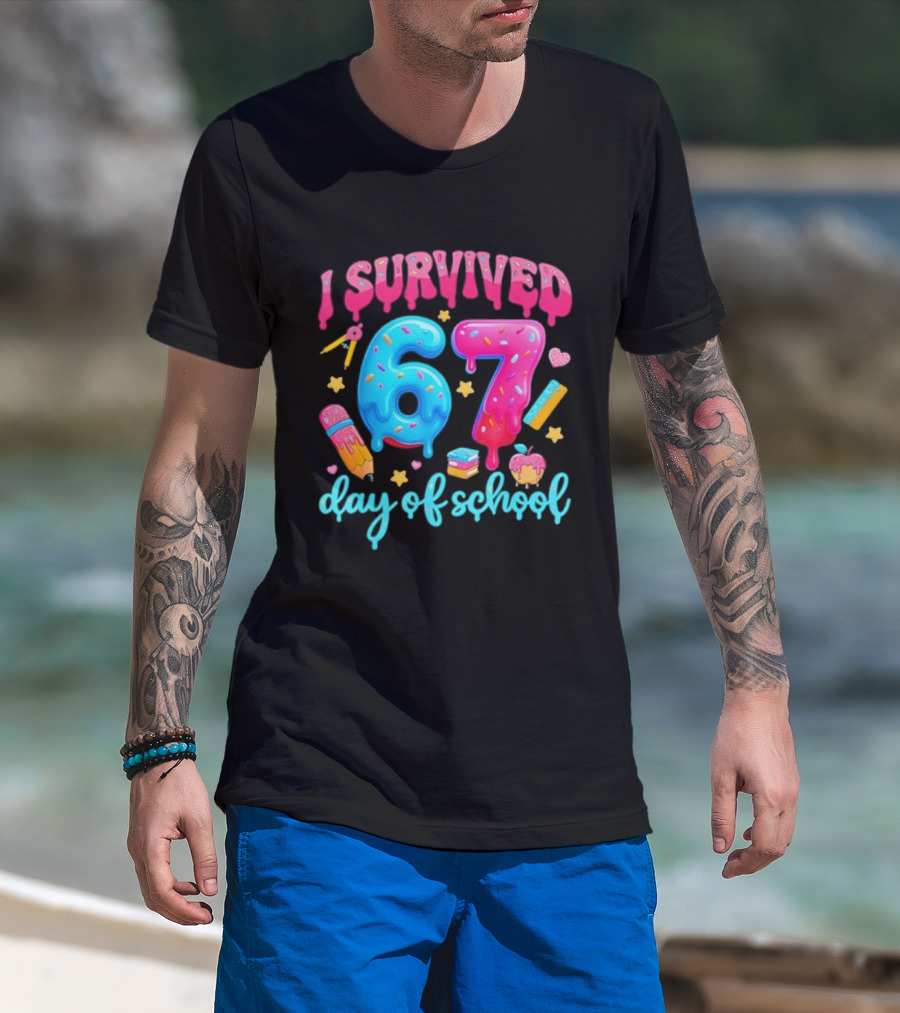 I Survived 67 Days Of School Pencil Cupcake Book Stars Hearts T-Shirt