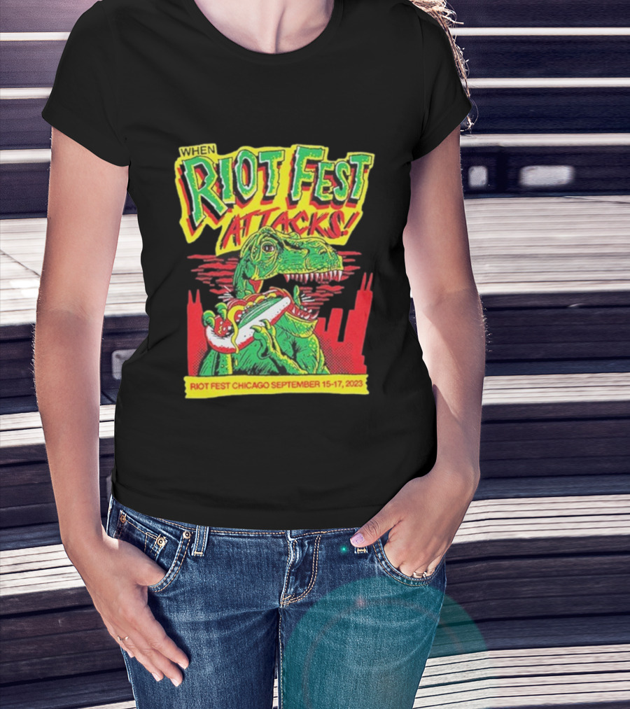 When Riot Fest Attacks Chicago September 15-17 2023 Dinosaur Hot Dog Skyline T-Shirt