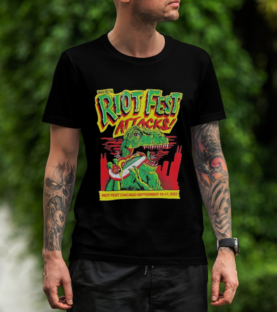 When Riot Fest Attacks Chicago September 15-17 2023 Dinosaur Hot Dog Skyline T-Shirt