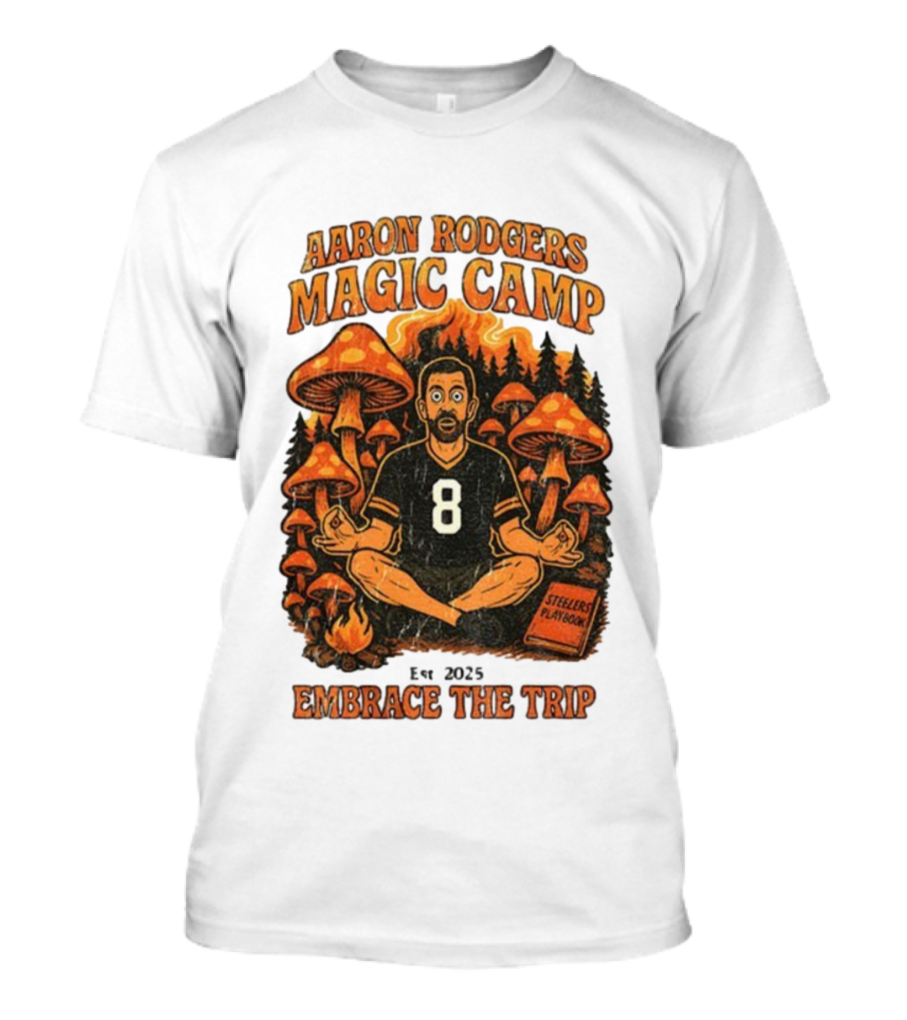 Aaron Rodgers Magic Camp Embrace The Trip Steelers Playbook Vintage 2025 Psychedelic Meditation Mushrooms T-Shirt