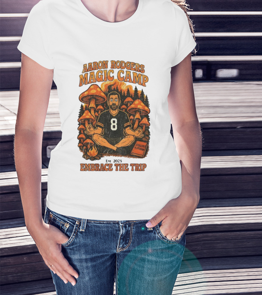 Aaron Rodgers Magic Camp Embrace The Trip Steelers Playbook Vintage 2025 Psychedelic Meditation Mushrooms T-Shirt