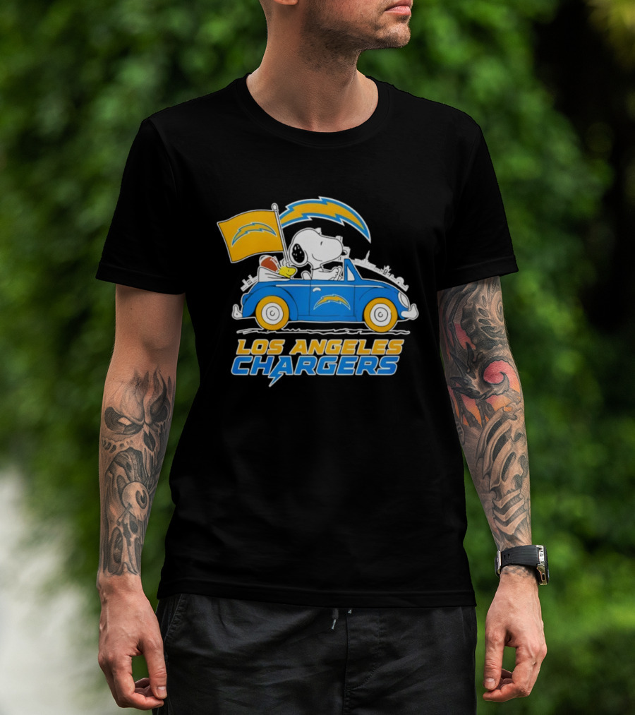 Los Angeles Chargers Snoopy Woodstock Driving Car Peanuts NFL Logo T-Shirt